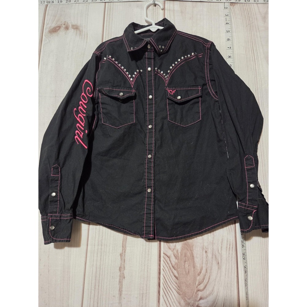 Cowgirl Hardware Shirt Girls‎ Medium Black Pink Western Snap Button Rhinestone
